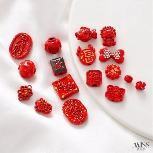 ชุด DIY สร้อยข้อมือตรุษจีน - มังกรแดง สันติสุขและความสุข ลูกปัดโคมไฟ Fa Cai Fu เชือกถัก