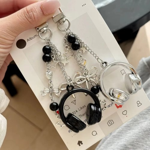 Premium muziek‑bedel voor koptelefoon – unisex sleutelhanger/telefoonkoord, rugzakpendant, cadeau voor koppels