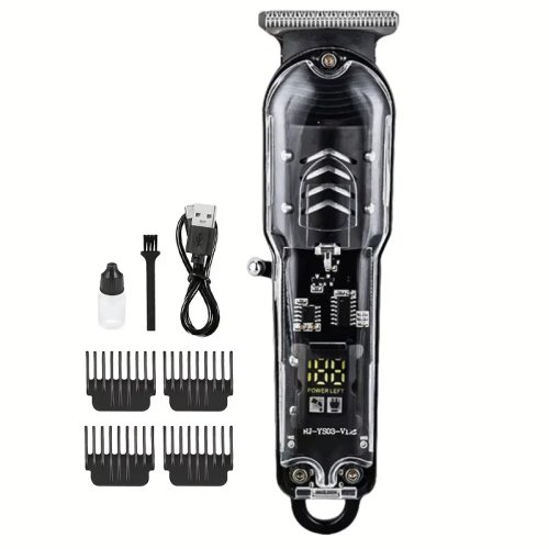 Professionele tondeuse met transparante behuizing voor heren, USB‑oplaadbare draadloze trimmer — knipmachine, cadeau voor hem