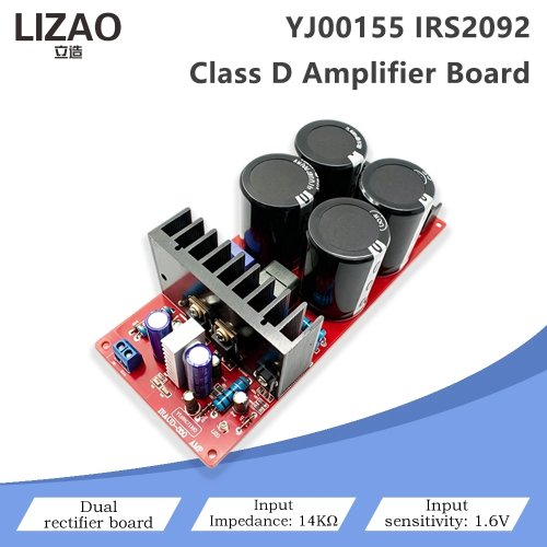 Módulo de placa de amplificador de potência Classe D IRS2092 com retificador duplo, impedância de entrada 14kΩ, sensibilidade 1,6V para sistema de alto-falantes DIY de áudio