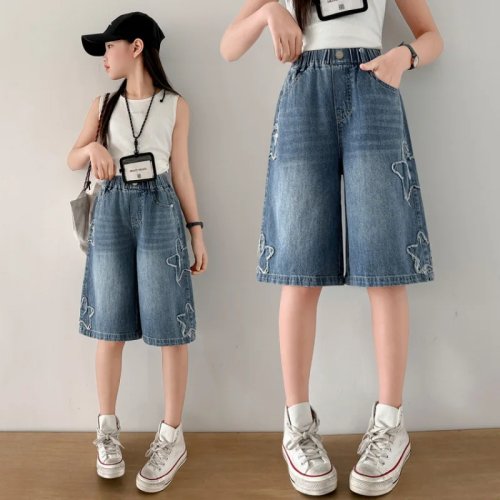 Calças jeans curtas de verão para menina, denim fino, estilo coreano, comprimento ao joelho, perna larga, versáteis para alunas
