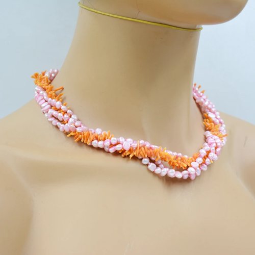4 mm mehrreihige Halskette aus natürlichem Barockperlen und Korallen – Mode, Hochzeit, Party, Geschenk für Damen