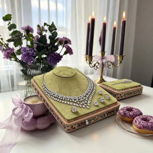 Expositor de joyería de tela estilo chino — bandeja brocada para pulseras de jade y oro, accesorio para fotos en mostrador