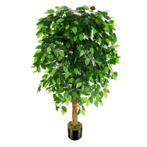 인조 피쿠스 나무 150cm(5ft) 플라스틱 화분 포함, 리얼한 녹색 잎사귀 — 거실·사무실 인테리어
