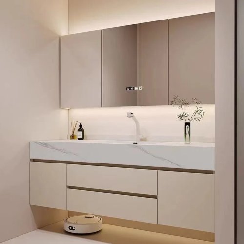 Bathroom vanity with seamless integrated ceramic basin and stone slab top, storage cabinet — smart bathroom furniture