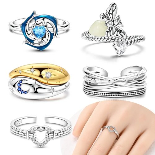 แหวนสแต็กสองโทน ชุบเงิน หัวใจสีน้ำเงิน CZ, โลมา, ผีเสื้อ, ดาว และพระจันทร์ — ของขวัญวาเลนไทน์สำหรับผู้หญิง