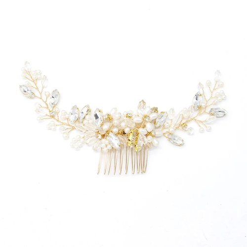 Goldener Blumen-Haarkamm mit Perlen & Strass — Kristall-Blätter Haarschmuck für Braut und Trauzeugin