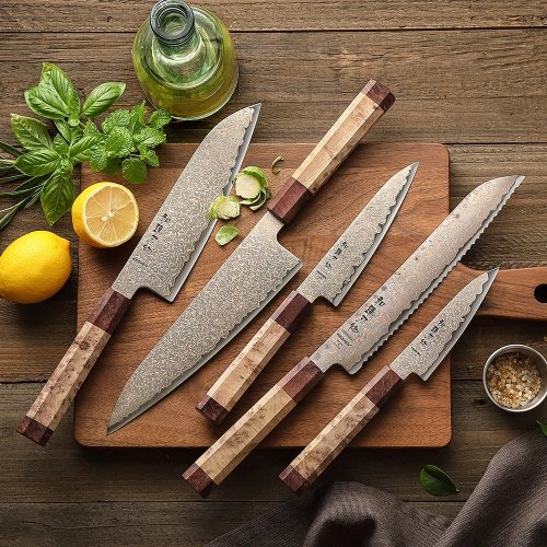 Bộ 5 Dao Đầu Bếp HEZHEN Thép Damascus 37 Lớp Đồng Ba Màu 60±2 HRC, Dao Bếp Chất Lượng Cao