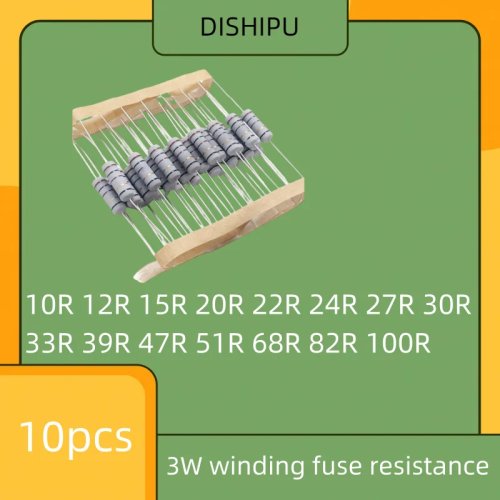 แพ็ค 10 ชิ้น ตัวต้านทานพันลวด 3W ความคลาดเคลื่อน 5% — ค่ารวม: 10Ω, 12Ω, 15Ω, 20Ω, 22Ω, 24Ω, 27Ω, 30Ω, 33Ω, 39Ω, 47Ω, 51Ω, 68Ω, 82Ω, 100Ω
