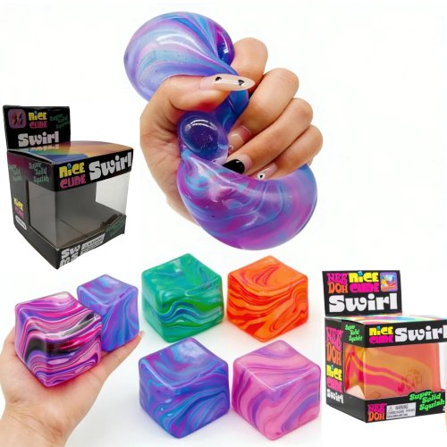 Cubo sensorial Needoh antiestrés — bola elástica con gel, tacto suave y rebote lento, caja sorpresa