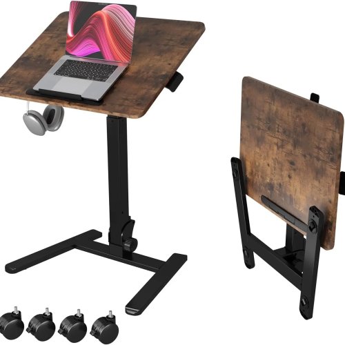 Składany mobilny stolik na laptopa, regulowana wysokość, kółka z blokadą — Przenośny stół komputerowy, brązowy