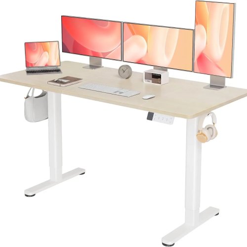 Escritorio eléctrico ajustable en altura 160×60 cm — Tope de madera natural, estructura blanca, organizador de cables