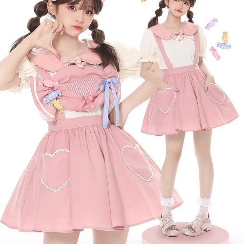 Gaun Mini Lolita JSK Imut dengan Bordir Hati Permen, Pita Satin Biru, Renda, dan Saku Berbentuk Hati