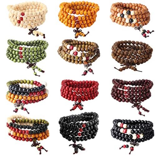 ชุด 12 สร้อยข้อมือมาลาไม้จันทน์ 8 มม. 108 เม็ด ลูกประคำพุทธ ยืดได้ ทำมือ หลายชั้น