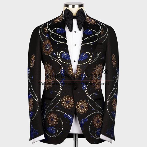 Fato homem slim fit com cristais e contas, 2 peças: casaco de um peito + calças — fato de noivo / smoking