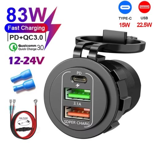신형 4포트 듀얼 PD 듀얼 QC 3.0 USB 차량용 충전기, 전압계 포함, 소켓 전원 어댑터, 방수 12V/24V 자동차 및 보트용