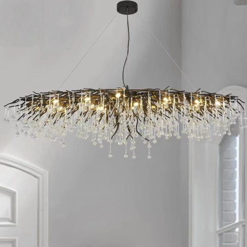 Lámpara de techo colgante oval estilo americano con cristales, grande – Acabado negro/dorado/cromo para salón y mesa de comedor