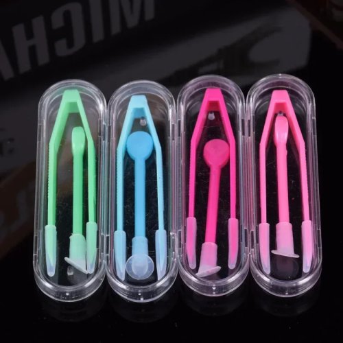 Contact lens case set with tweezers & suction stick — colored storage box and lens inserter tool