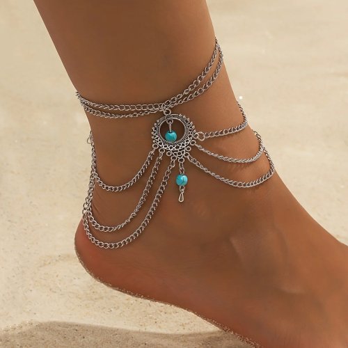 Tobillera para mujer vintage de cadenas geométricas multicapa, en hierro, diseño minimalista — ideal para verano, uso diario y vacaciones