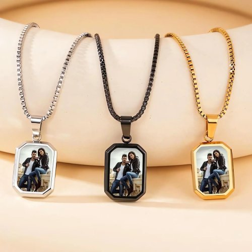 Kalung foto sensitif suhu custom — liontin persegi panjang stainless steel berukir (foto/teks), perhiasan pasangan, hadiah personal