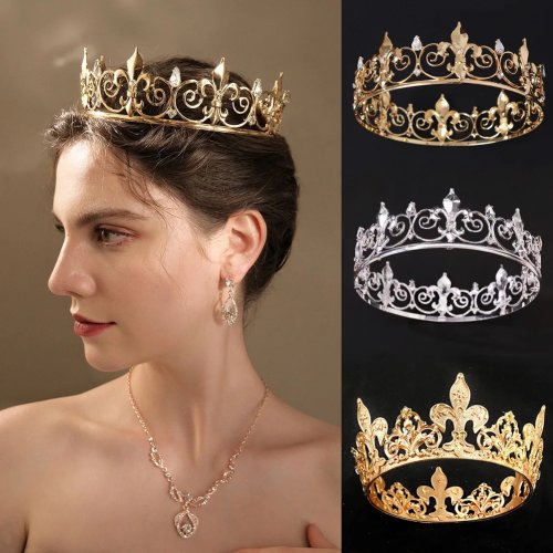 Couronne baroque dorée ornée de strass, cercle complet en alliage — bijou de tête unisexe pour mariage et soirée