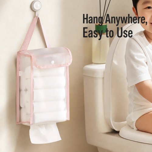 Suporte de papel para parede sem perfuração, grande capacidade, bolsa semi-transparente, fixação adesiva — para casa de banho