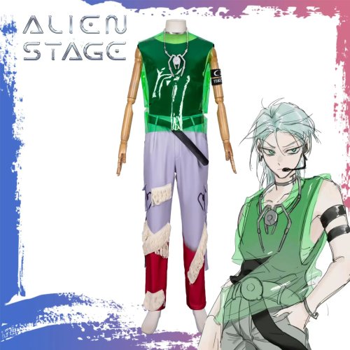 Till Alien Stage R7 'Blink Gone Green' 코스프레 세트 — 베스트, 바지, 가발, 암밴드, 목걸이 (유니섹스)
