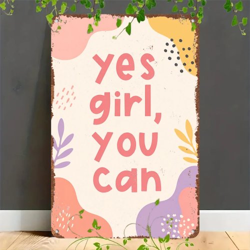 لافتة من الصفيح المعدنية الرجعية "Yes Girl, You Can" - لافتة تشجيع للمنزل والجراج والمقهى والبار والحديقة
