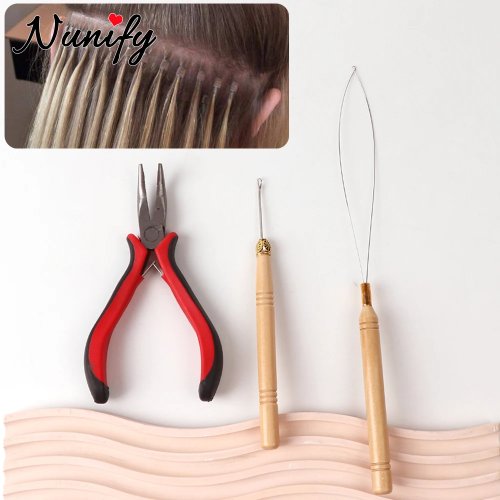 Kit para extensiones con micro anillas — pinzas, aguja de lazo, gancho de extracción y micro anillas de silicona
