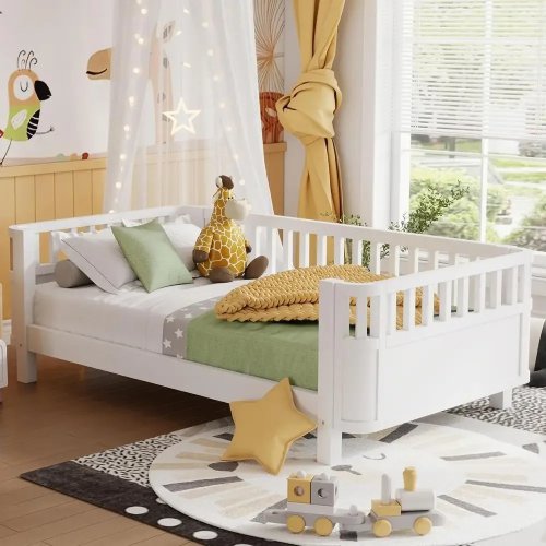 Wit tweelingbed met hekjes, geschikt voor jongens en meisjes, geen verenbox nodig, stil en stevig houten dagbed