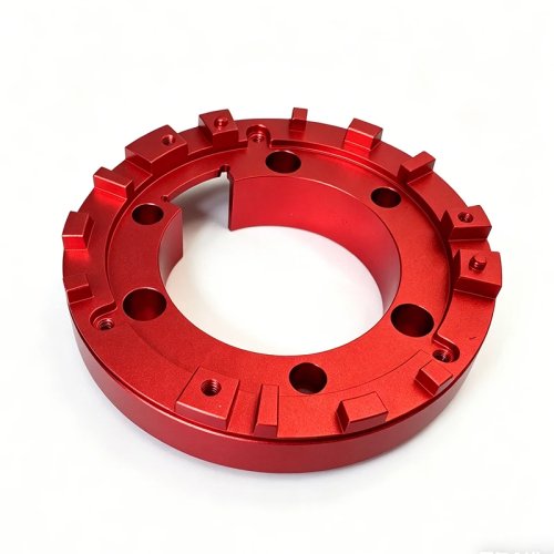 Flange personalizada em liga de alumínio anodizado vermelho com fresagem CNC e padrão de furos personalizado