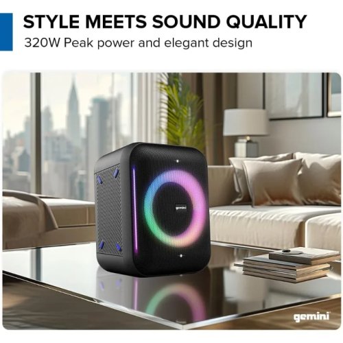 Cassa karaoke da festa Gemini UltraRave 320W Bluetooth con luci LED, microfono wireless, TWS stereo, 10 h di autonomia, USB/FM/AUX, woofer 6,5"