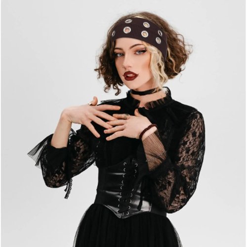 Cerchietto nero con occhielli metallici e borchie, fascia elastica stile punk