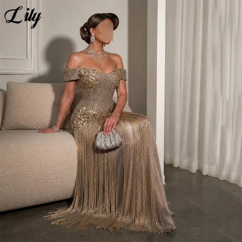Váy dự tiệc Lily Champagne Gold - Áo nịt ngực đính đá, tua vàng, váy dạ hội cổ trễ vai, váy dạ hội theo yêu cầu