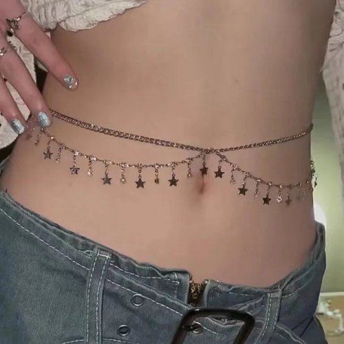 Damen Rhinestone Taillenkette mehrschichtige Body Chain mit Sternquaste