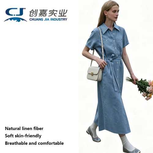 Abito in Lino Donna Manica Corta Marrone Chiaro - Abito Camicia con Risvolto Francese e Tasche, Vintage Elegante Casual per Esterni