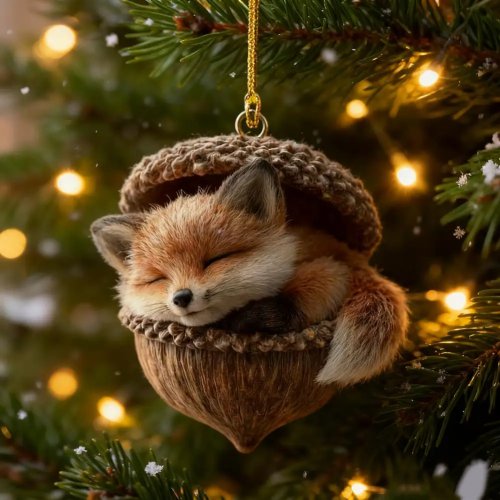 森のクリスマスデコレーション - ドングリのオーナメントと森の生き物の置物