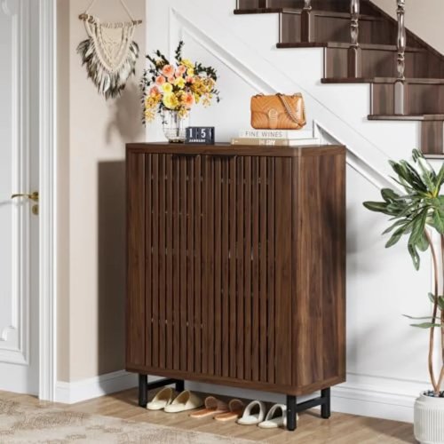 Zapatero estilo farmhouse con puertas tipo persiana, gran organizador de zapatos de madera 6 niveles con estantes ajustables, almacenamiento oculto moderno