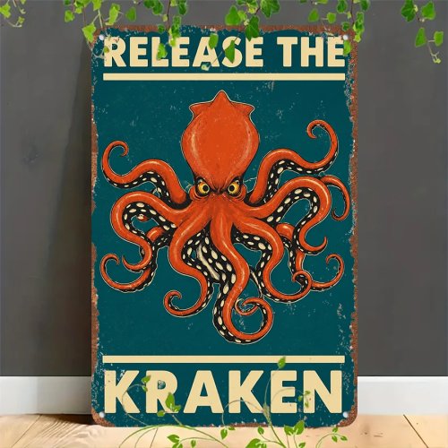 Vintage-Blechschild "Release the Kraken" mit Oktopus – 2D Retro-Wanddeko für Zuhause, Garage, Café, Bar & Garten