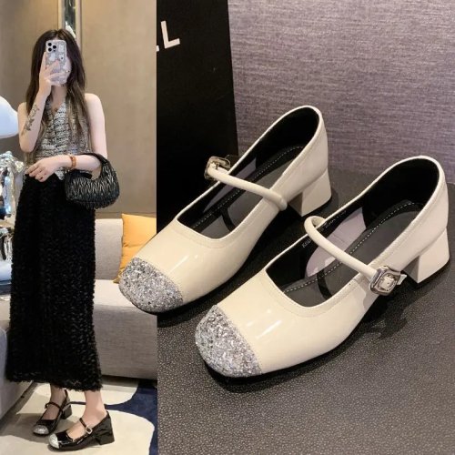 Sepatu Mary Jane Wanita Baru Bling - Hak Tebal Elegan Sepatu Pumps