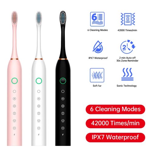 Bàn chải đánh răng điện siêu âm 6 chế độ tốc độ, lông mềm, sạc USB, chống nước, dành cho người lớn, bộ đôi cho cặp đôi