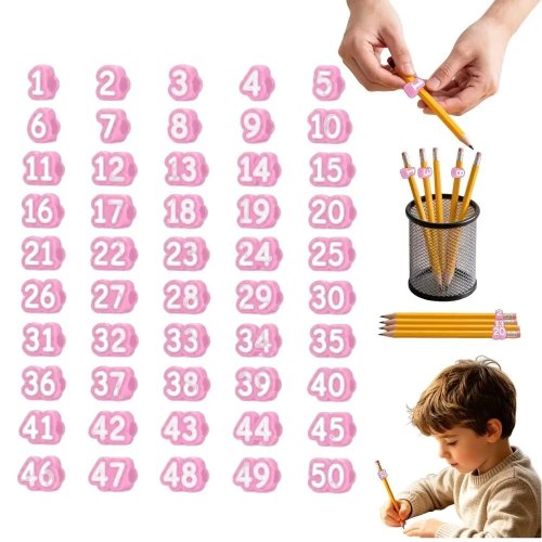 50pcs Soft Pencil Tracking Markers - Reusable Cute Numbered Pencil Toppers Silicone Pencil Caps