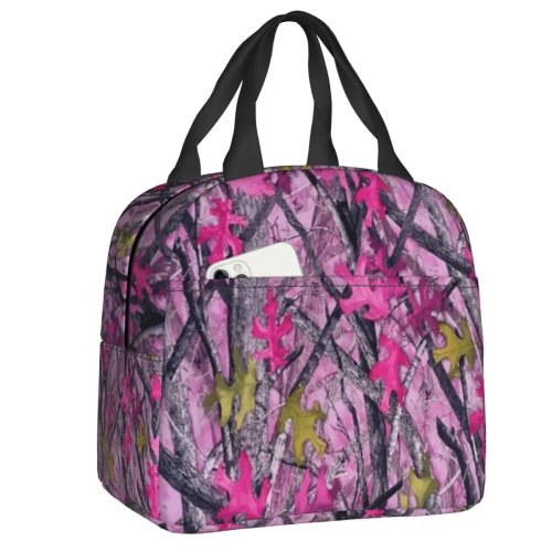 Tas makan terinsulasi untuk wanita motif camo pink, tahan bocor, pendingin termal