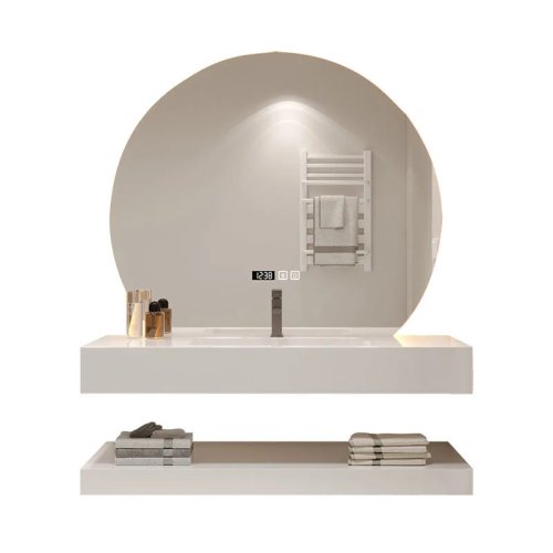 Modern wall-mounted bathroom vanity with ceramic sink, water-resistant finish and smart LED mirror included