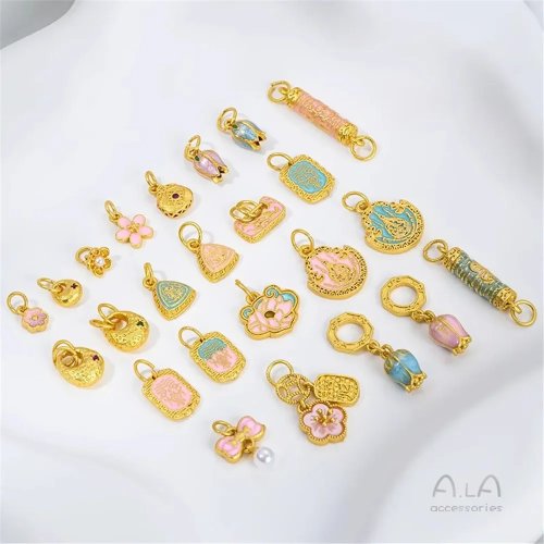 Mặt dây chuyền chứa dầu hiệu ứng cát vàng, hoa anh đào hồng và nụ hoa chuông trắng (lily of the valley) — giữ màu, phụ kiện DIY, quà cho mẹ