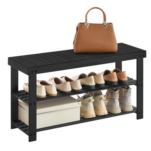 Banc à chaussures 3 niveaux en bambou pour l'entrée, rangement chaussures, charge maxi 130 kg, 29 × 90 × 45 cm