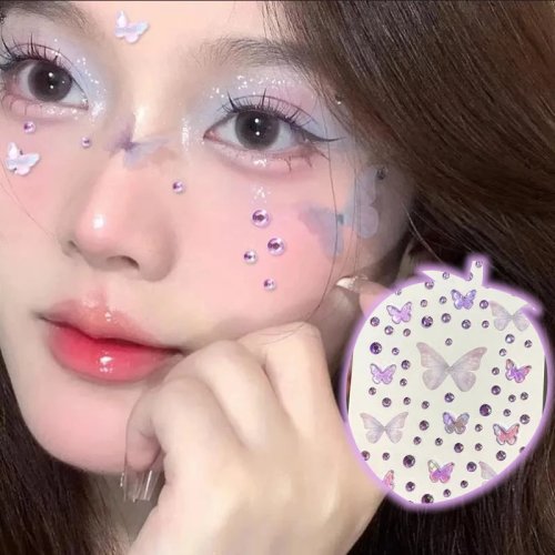 귀여운 나비 라인스톤 페이스 스티커 — 셀프 접착식, 무대·페스티벌 메이크업 장식