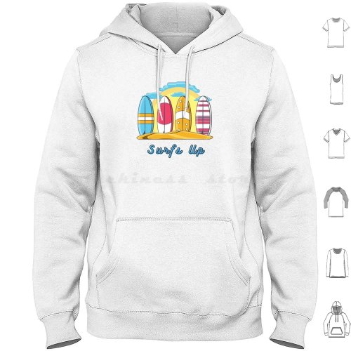 Felpa con cappuccio in cotone 'Surfs Up' manica lunga, stampa tavola da surf e onda