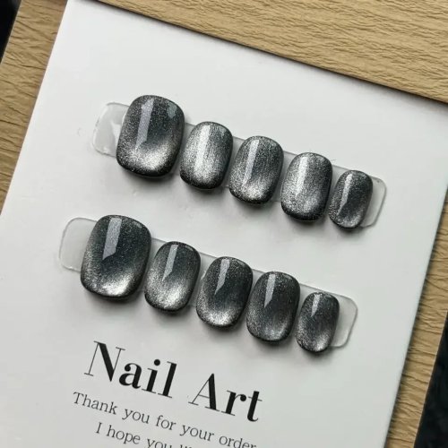 Lot 10 ongles courts press-on faits main, effet œil de chat noir, ongles autocollants