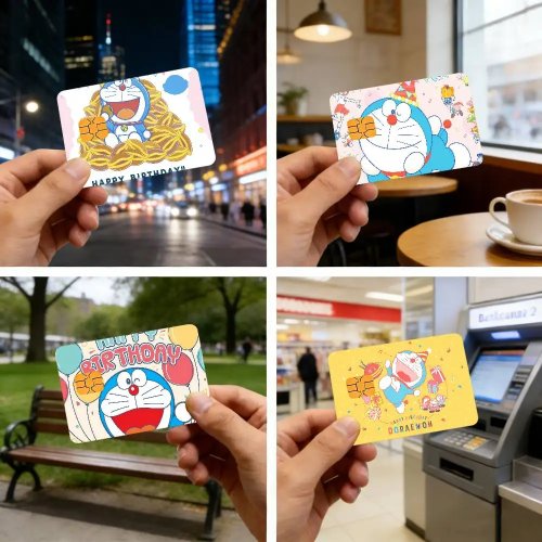 Wodoodporna naklejka ochronna Doraemon na karty — urocze logo, do kart bankowych, kredytowych, debetowych i komunikacji miejskiej